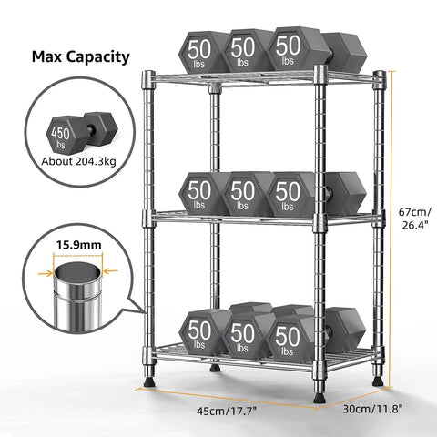 450 Lb Wire Storage Shelving Rack 3 Tier Steel Organizer For Home Kitchen Office Chrome Finish Sturdy Metal Shelving Unit 11.8 Inch Deep 17.7 Inch Wide 26.4 Inch High with weights