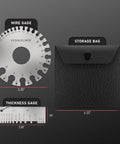 Round Dual Sided Metal Sheet Gauge Set with storage bag, 3.35" wire gauge and stainless steel thickness gauge for precise metalwork.
