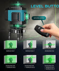 16 Line Green Laser Level 360 Self Leveling Pro Grade 4D Cross Line With Remote And 2 Batteries Adjustable Brightness 360 Degree Coverage For Tiling Flooring Construction And Picture Hanging With Accuracy To One Tenth Inch At 8 Ft., handheld remote and line modes
