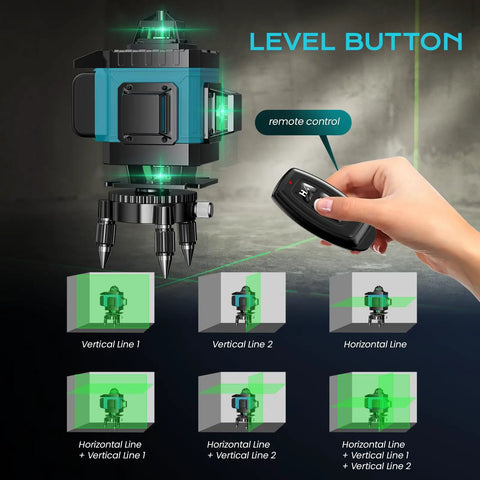 16 Line Green Laser Level 360 Self Leveling Pro Grade 4D Cross Line With Remote And 2 Batteries Adjustable Brightness 360 Degree Coverage For Tiling Flooring Construction And Picture Hanging With Accuracy To One Tenth Inch At 8 Ft., handheld remote and line modes