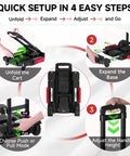 Heavy Duty Folding Hand Truck And Portable Utility Cart With 220 Pound Capacity setup instructions with hands illustrating unfold, expand, adjust, and go.