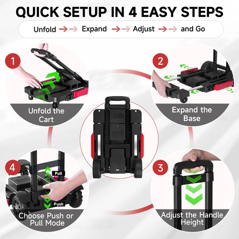 Heavy Duty Folding Hand Truck And Portable Utility Cart With 220 Pound Capacity setup instructions with hands illustrating unfold, expand, adjust, and go.