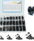 Dope Hex Socket Cap Screw Kit M2 M3 M4 M5 With Wrench, Durable Metal Fasteners, Precise Threads, Handy Assortment For DIY Projects, Home Repairs, And Small Machinery, Easy To Identify Sizes And Build Solid Joints. Black hex socket cap screw kit in organizer box with washers and nuts