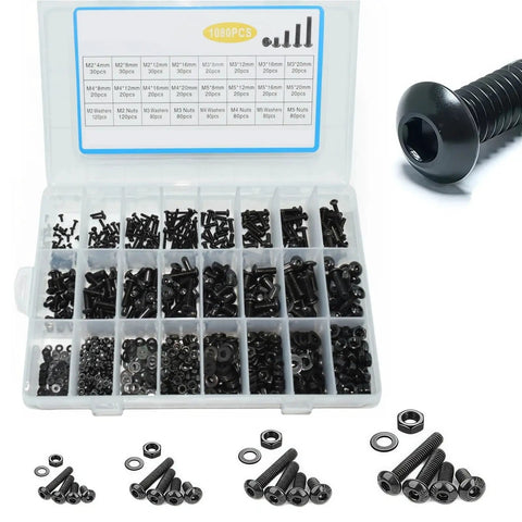 Dope Hex Socket Cap Screw Kit M2 M3 M4 M5 With Wrench, Durable Metal Fasteners, Precise Threads, Handy Assortment For DIY Projects, Home Repairs, And Small Machinery, Easy To Identify Sizes And Build Solid Joints. Black hex socket cap screw kit in organizer box with washers and nuts