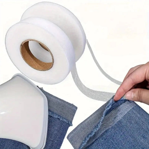 One Roll No Sew Hemming Tape With Heat Fusible Bonding, 0.39 inch wide, 54.6 yards, shown with denim fabric for hemming.