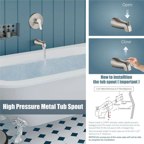 Tub Shower Faucet Set With Valve And Wall Mount Trim Kit For 6 Inch Tub Fixtures, showing open and closed spout positions.