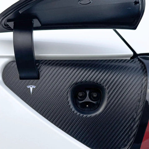 Premium Carbon Fiber Charge Port Wrap For Tesla Model 3 And Model Y featuring sleek textured surface on charging area.