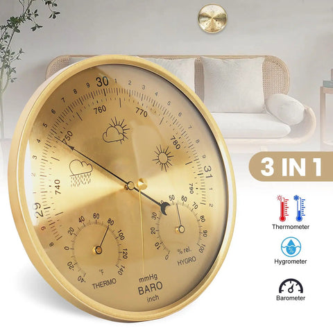 Three In One All Season Wall Hanging Weather Station With Thermometer Barometer And Hygrometer For Home And Office In Fahrenheit Edition Indoor Outdoor Use Accurate Temperature Humidity And Air Pressure Readings.