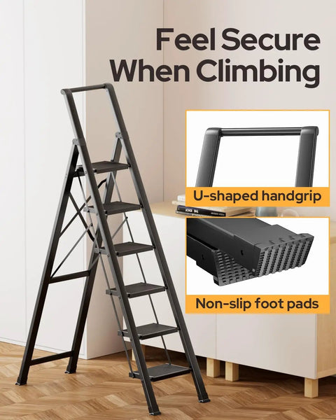 Six Step Foldable Aluminum Ladder Stool, Easy Fold And Store, Black Home Step Ladder With Shelf, Sturdy Yet Lightweight, Your Go To Kitchen And Home Helper For Bedroom Library Classroom, black aluminum step ladder with U-shaped handgrip and non-slip feet