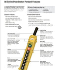 Rock Solid Heavy Duty Six Button Pendant Control Switch Eighty Series Three Speed Maintained On Off Controls For Gantry Cranes and Industrial Hoist Applications with yellow ABS enclosure.