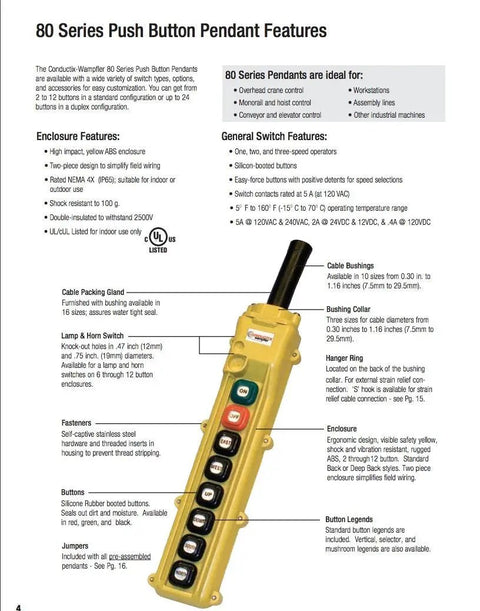 Rock Solid Heavy Duty Six Button Pendant Control Switch Eighty Series Three Speed Maintained On Off Controls For Gantry Cranes and Industrial Hoist Applications with yellow ABS enclosure.