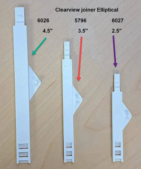 Quick Fix No Sweat Super Slick Shutter Joiners Repair Kit showing three white joiners for Hunter Douglas Clearview blinds, sizes 4.5", 3.5", and 2.5".