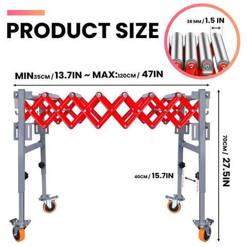 Heavy Duty Expandable Conveyor Roller With 600 Lbs Capacity And Portable Flexible Folding Design plus dimensions 47in length and 27.5in height.