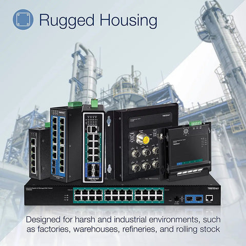 5 Port Hardened Industrial Gigabit PoE Plus DIN Rail Switch With 120W Power Budget in rugged industrial setting.