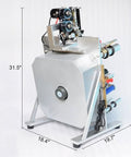 Top Notch Semi Automatic Round Bottle Labeling Machine With A Slick Label Applicator And 110V Wall Plug Power For Quick Setup And Rock Solid Heavy Duty Performance side view with dimensions 31.5" x 18.4" x 19.7".
