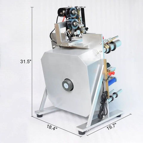 Top Notch Semi Automatic Round Bottle Labeling Machine With A Slick Label Applicator And 110V Wall Plug Power For Quick Setup And Rock Solid Heavy Duty Performance side view with dimensions 31.5" x 18.4" x 19.7".