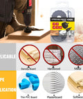 Image of 8 Piece Hole Saw Kit With Case 1 To Two And One Eighth Inches Includes Five Saw Blades Mandrel Two Drill Bits And Hex Key For Soft Wood PVC Plywood Ideal For DIY Projects And Home Improvement Tasks Cutting Soft Wood PVC Board And Plywood With A Durable, showing usage on wood.