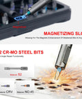 42 In 1 Magnetic Screwdriver Set With Storage Case, showing magnetizing slot and S2 CR-MO steel bits in use