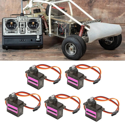 5 Pack Heavy Duty 9g Micro Servo Motor Featuring Upgraded Metal Gears And Double Ball Bearings For Rc Trucks Boats Helicopters And Crawlers, shown with RC car.