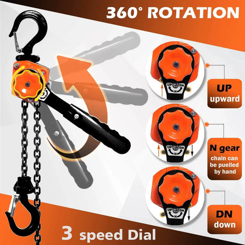 0.5 Ton Mini Lever Chain Hoist 5 Ft Ratchet Chain Puller With Upgraded Longer Handle And Heavy Duty Hooks showing 360-degree rotation and 3-speed dial