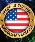 Front view of a gold circular Made in the USA seal featuring an American flag at center