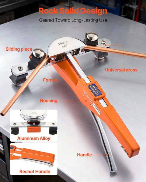 VEVOR Ratcheting Tubing Bender Kit For Copper And Aluminum 1/4 To 7/8 Inch showing aluminum alloy housing and precise sliding design.