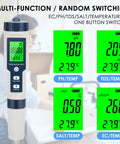 5 In 1 Water Test Meter For PH TDS EC Temperature And Salt showing digital display with readings for hydroponics and pools