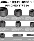 Image showing different sizes of standard round knockout punches, washer, and draw studs for use with Battery Powered Hydraulic Knockout Punch Kit EZ 8AL.