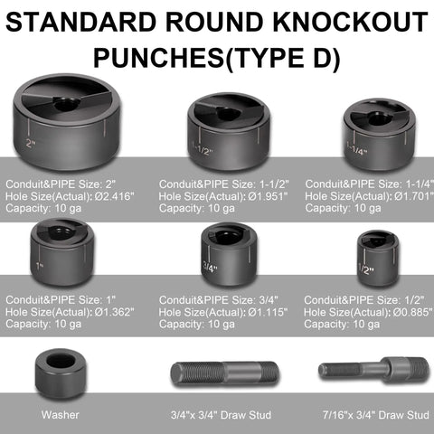 Image showing different sizes of standard round knockout punches, washer, and draw studs for use with Battery Powered Hydraulic Knockout Punch Kit EZ 8AL.
