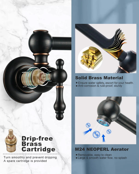 Oil Rubbed Bronze Pot Filler Faucet In Solid Brass, Wall Mounted Pasta Faucet With Double Joint Swing Arm For Kitchen Over Stove