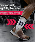 Rigid U Shaped Ankle Brace For Sprained Ankles Medium White Left Or Right Foot Fits Men 7 To 10 And Women 8 To 11 Lightweight EVA Padding Adjustable Brace For Volleyball And Cheerleading Game Day Ready Maximum Stability During Play shown on foot