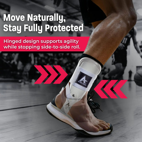 Rigid U Shaped Ankle Brace For Sprained Ankles Medium White Left Or Right Foot Fits Men 7 To 10 And Women 8 To 11 Lightweight EVA Padding Adjustable Brace For Volleyball And Cheerleading Game Day Ready Maximum Stability During Play shown on foot