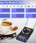 Ultra Precise 50g Digital Scale With 0.001g Readings For Jewelry Powder And Medicine Portable Pocket Scale next to a coffee cup.