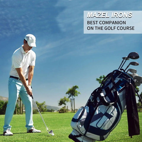 Golfer on course with Golf Iron Set 1 Through 9 With Steel Shafts For Right Handed Golfers Stainless Steel Black Silver Finish.