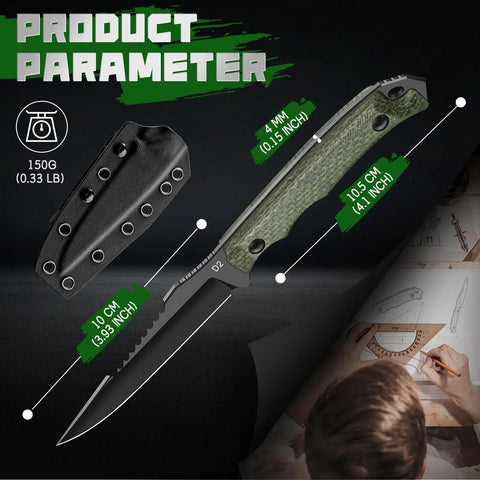 Beast Fixed Blade Outdoor Knife With D2 Steel Blade And Toothed Spine, 15 Degree V Edge, sheath and measurement details