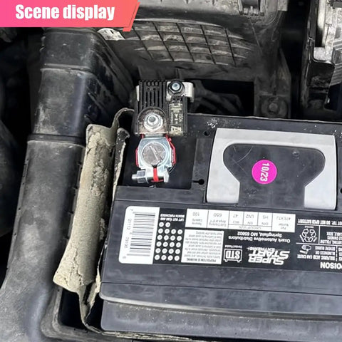 Straight Up Heavy Duty Positive And Negative Battery Terminal Connector Pair Rust Resistant Galvanized Iron Clamps installed on a car battery.