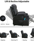 Extra Wide Lift Chair With Heat And Massage For Adults And Seniors, faux leather recliner showing lift and recline positions.