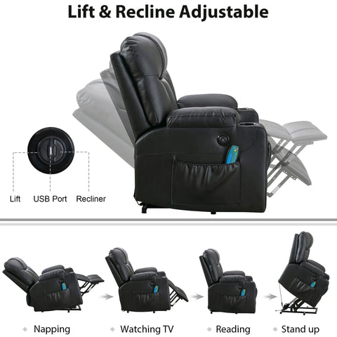 Extra Wide Lift Chair With Heat And Massage For Adults And Seniors, faux leather recliner showing lift and recline positions.