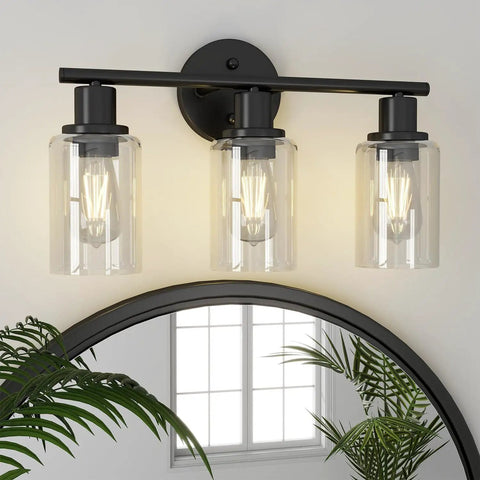 Sleek Dope Modern 3 Light Matte Black Vanity Light With Clear Glass Shades For Bathroom Mirror Wall Sconce Indoor Use Waterproof Design Perfect For Hallway Living Room Or Bedroom 17 Inch Wide above mirror