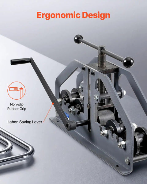 Close-up of Tube Roller Bender Kit Workhorse With 6 Dies For Up To 1 And A Half Inch Tubing, showing ergonomic design and hand lever.