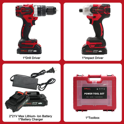 Cordless Drill Kit 21V Brushless One Half Inch Power Tool Set With One Quarter Inch Impact Driver Includes Two Batteries And Charger For DIY Projects And Quick Home Improvements For Everyday Home Renovations And Easy Quick Setup For Any Project