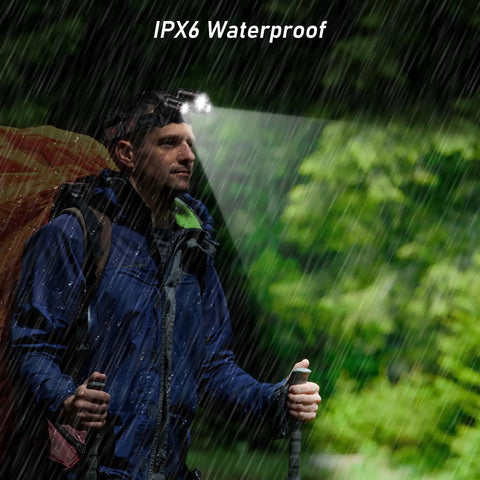 Man using Rechargeable LED Headlamp Beast Bright With Three Light Modes, Wide Beam, Tough As Nails Build, in rain