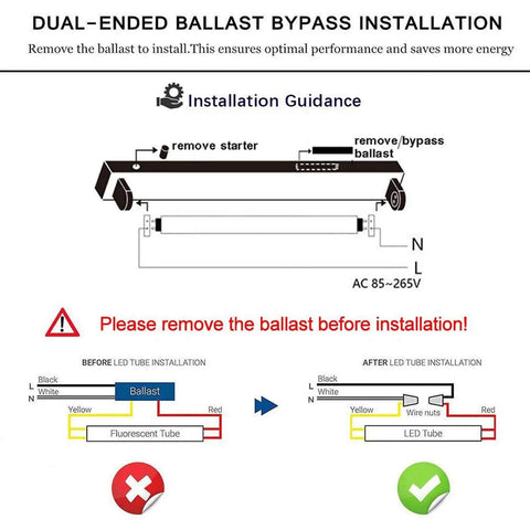 Installation diagram for Easy Install T8 T10 T12 LED Tube Light 2-Foot 8W Replacement, showing dual-end ballast bypass steps.
