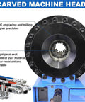 Detailed view of heavy-duty hydraulic hose crimper machine head with CNC engravings, designed for precise operations.