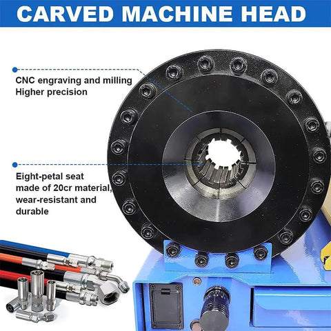 Detailed view of heavy-duty hydraulic hose crimper machine head with CNC engravings, designed for precise operations.