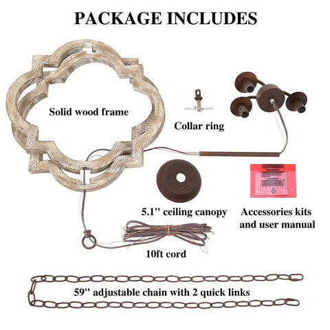 Package includes parts for Cozy Farmhouse Orb Chandelier Handmade From Solid Wood With Openwork Quatrefoil And Bronze Rustic Arms