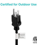 Beefy 100 Foot 14 Gauge 3 SJTW Outdoor Extension Cord With Grounded Plug And Lighted Connector Blue Weather Resistant For Minus 50 Degree Cold Weather Ideal For Snow Blowers And Power Tools UL Listed, close-up plug view
