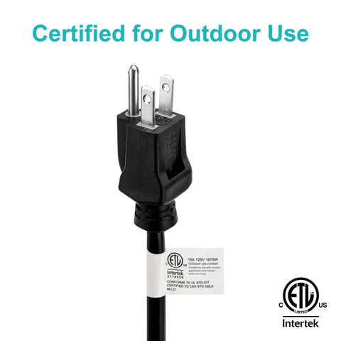Beefy 100 Foot 14 Gauge 3 SJTW Outdoor Extension Cord With Grounded Plug And Lighted Connector Blue Weather Resistant For Minus 50 Degree Cold Weather Ideal For Snow Blowers And Power Tools UL Listed, close-up plug view
