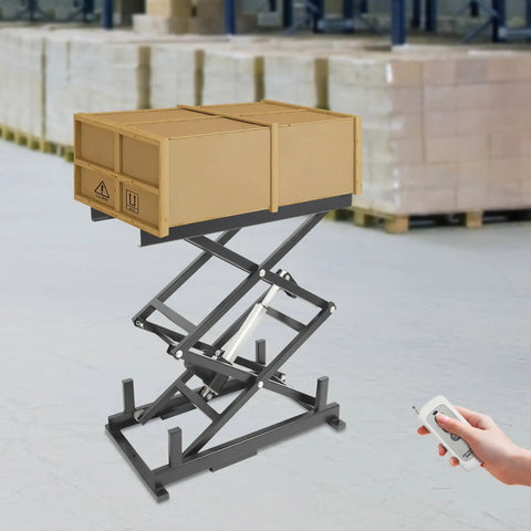 High Tech Electric Scissor Lift Table For Warehouse Pros, 180 Lb Heavy Duty Capacity with boxes elevated in warehouse setting.
