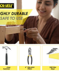 Woman using Yellow 40 Piece Home Tool Set With Plastic Toolbox Case for furniture assembly, shows claw hammer, pliers, hex keys